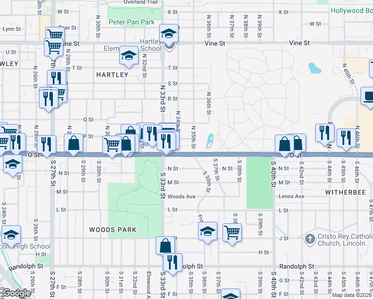map of restaurants, bars, coffee shops, grocery stores, and more near in Lincoln