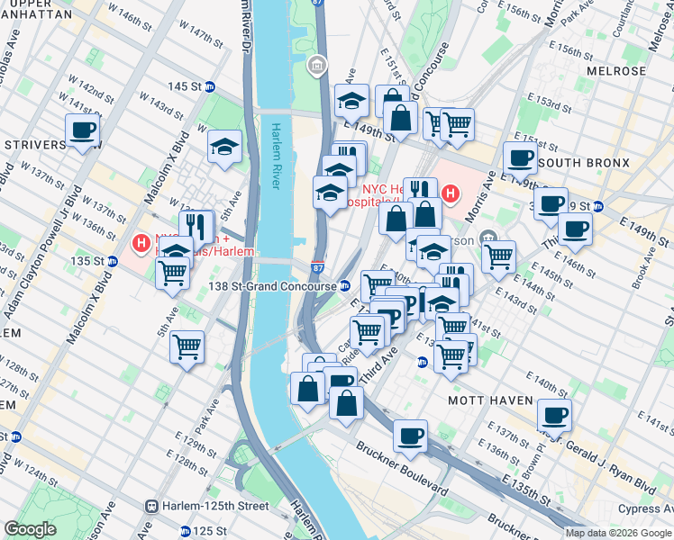 map of restaurants, bars, coffee shops, grocery stores, and more near in The Bronx