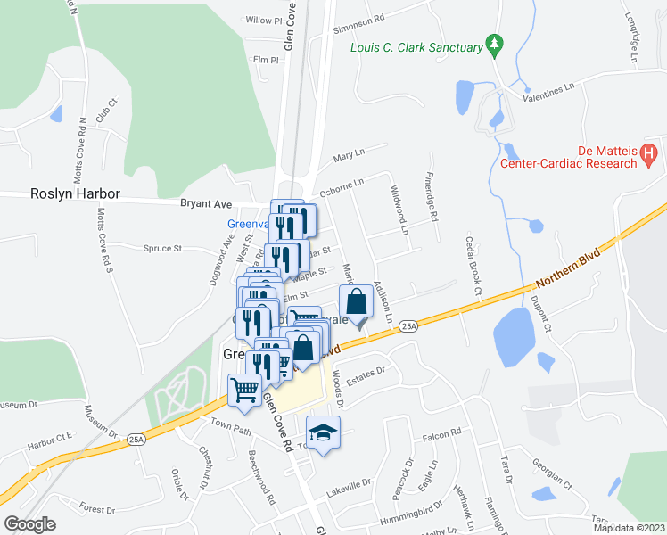 map of restaurants, bars, coffee shops, grocery stores, and more near 142 Maple Street in Greenvale