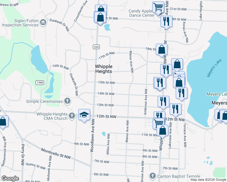 map of restaurants, bars, coffee shops, grocery stores, and more near 4649 14th Street Northwest in Canton