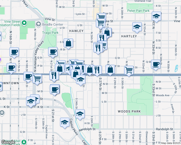 map of restaurants, bars, coffee shops, grocery stores, and more near 2544 U.S. 34 in Lincoln