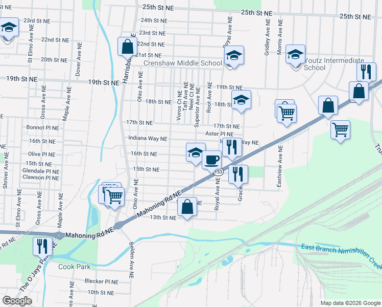 map of restaurants, bars, coffee shops, grocery stores, and more near 2346 16th Street Northeast in Canton