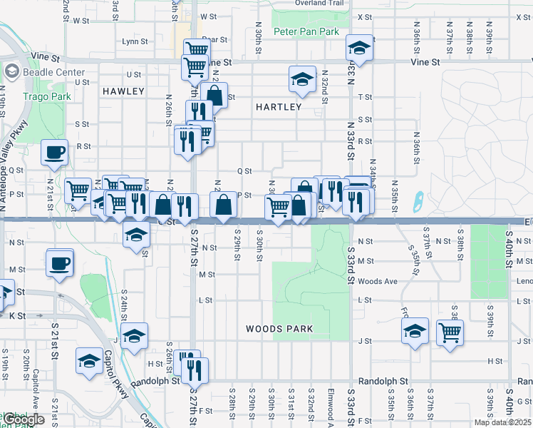 map of restaurants, bars, coffee shops, grocery stores, and more near 2966 O Street in Lincoln