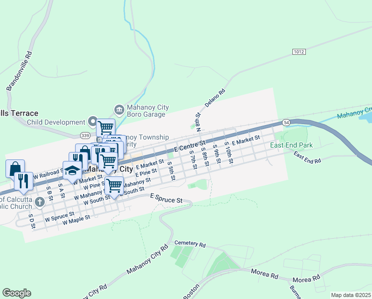 map of restaurants, bars, coffee shops, grocery stores, and more near 622 East Centre Street in Mahanoy City