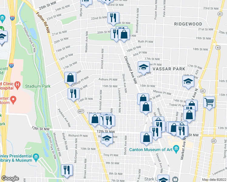 map of restaurants, bars, coffee shops, grocery stores, and more near 1430 Oxford Avenue Northwest in Canton