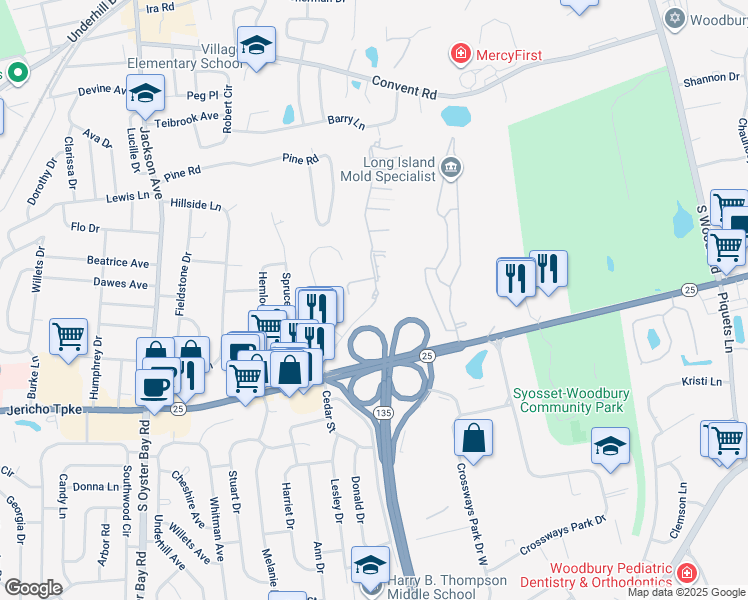 map of restaurants, bars, coffee shops, grocery stores, and more near 76 Hidden Ridge Drive in Syosset