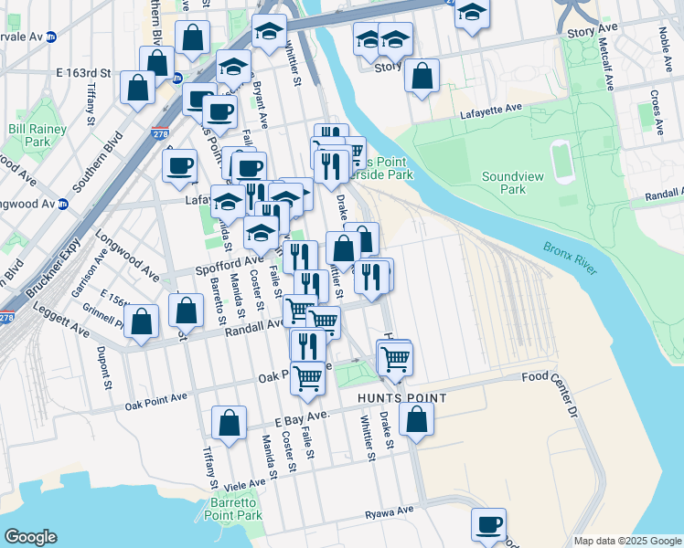 map of restaurants, bars, coffee shops, grocery stores, and more near 669 Drake Street in The Bronx