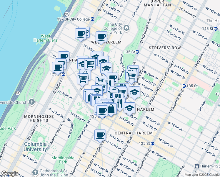 map of restaurants, bars, coffee shops, grocery stores, and more near 35 Saint Nicholas Terrace in New York