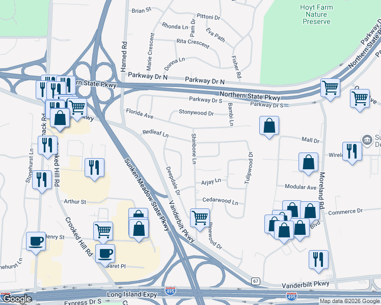 map of restaurants, bars, coffee shops, grocery stores, and more near 105 Shinbone Lane in Commack