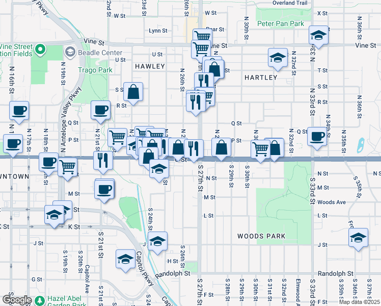 map of restaurants, bars, coffee shops, grocery stores, and more near 2645 O Street in Lincoln