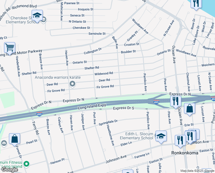 map of restaurants, bars, coffee shops, grocery stores, and more near 328 Fir Grove Road in Ronkonkoma