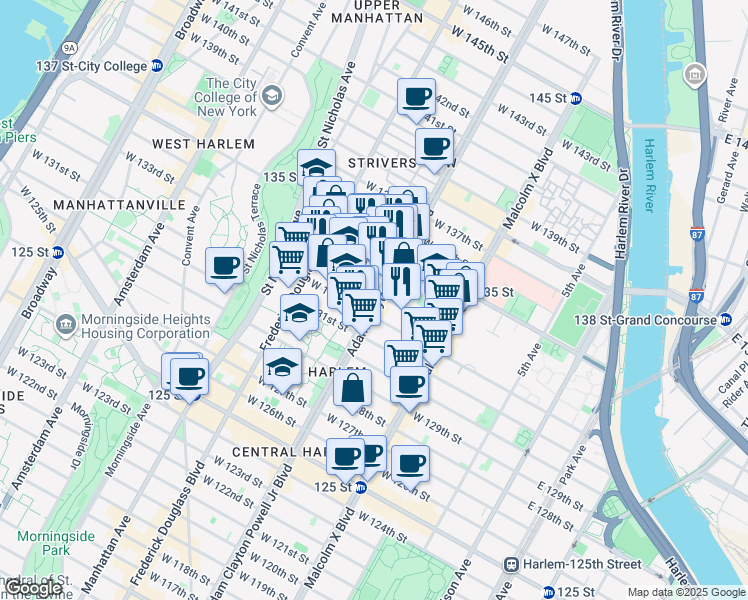map of restaurants, bars, coffee shops, grocery stores, and more near 2254 7th Avenue in New York