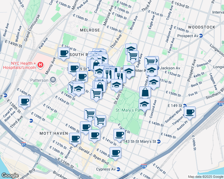 map of restaurants, bars, coffee shops, grocery stores, and more near 51945 Saint Ann's Avenue in Bronx