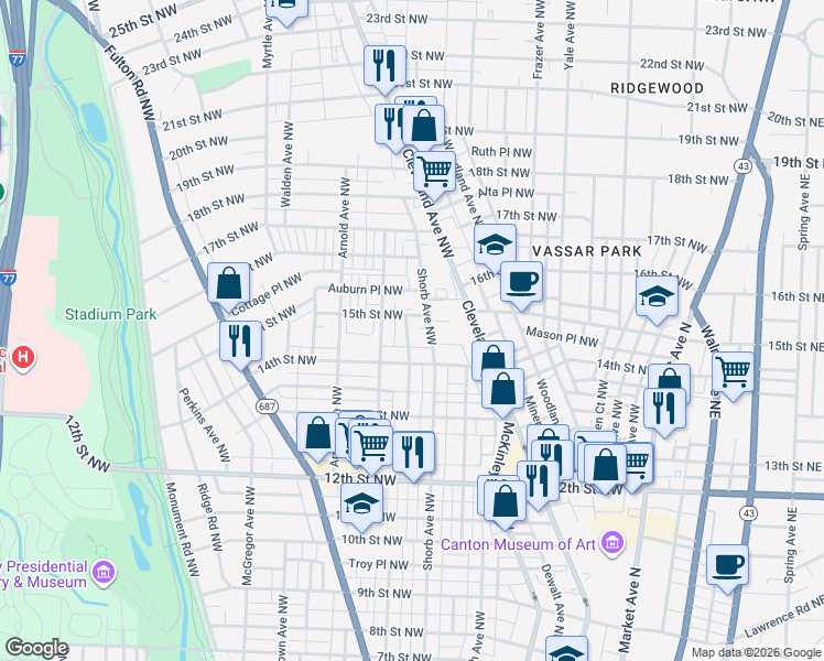 map of restaurants, bars, coffee shops, grocery stores, and more near 1418 Louisiana Avenue Northwest in Canton