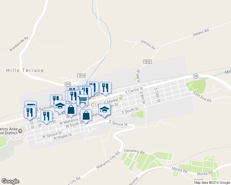 map of restaurants, bars, coffee shops, grocery stores, and more near 425 East Centre Street in Mahanoy City