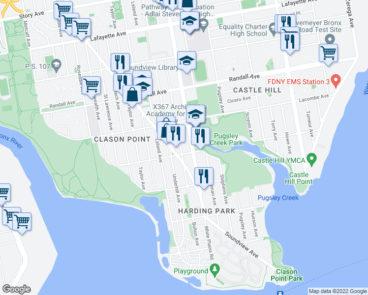 map of restaurants, bars, coffee shops, grocery stores, and more near 1901 Patterson Avenue in Bronx
