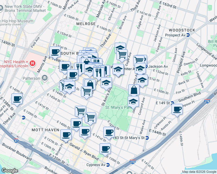 map of restaurants, bars, coffee shops, grocery stores, and more near 51945 Saint Ann's Avenue in Bronx