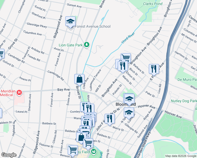 map of restaurants, bars, coffee shops, grocery stores, and more near 39 Lakewood Terrace in Bloomfield