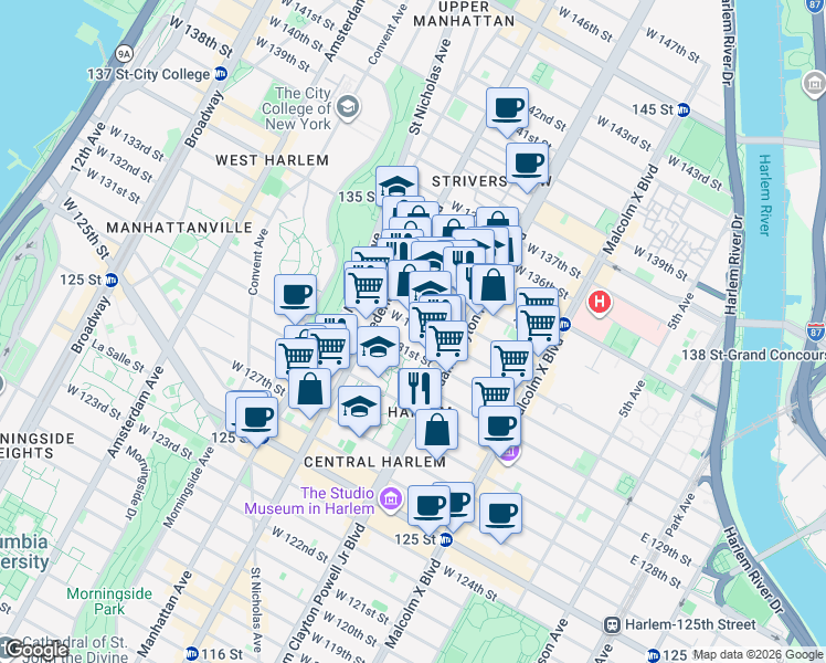 map of restaurants, bars, coffee shops, grocery stores, and more near 246 West 132nd Street in New York