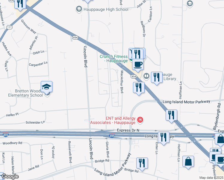 map of restaurants, bars, coffee shops, grocery stores, and more near 11 S Dorado Circle in Hauppauge