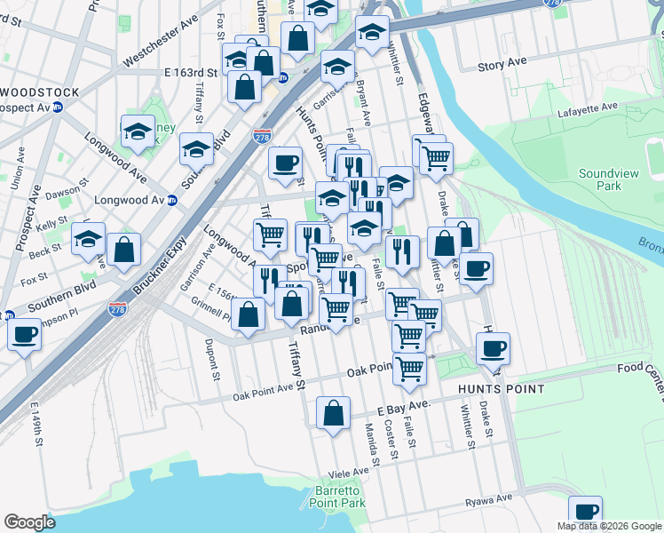 map of restaurants, bars, coffee shops, grocery stores, and more near 640 Barretto Street in The Bronx