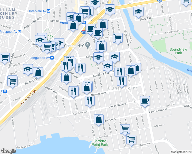 map of restaurants, bars, coffee shops, grocery stores, and more near 659 Manida Street in Bronx