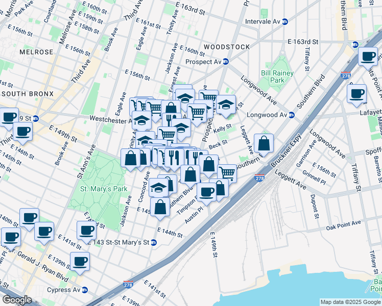 map of restaurants, bars, coffee shops, grocery stores, and more near 586 Union Avenue in Bronx