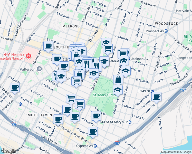 map of restaurants, bars, coffee shops, grocery stores, and more near 51945 Saint Ann's Avenue in Bronx