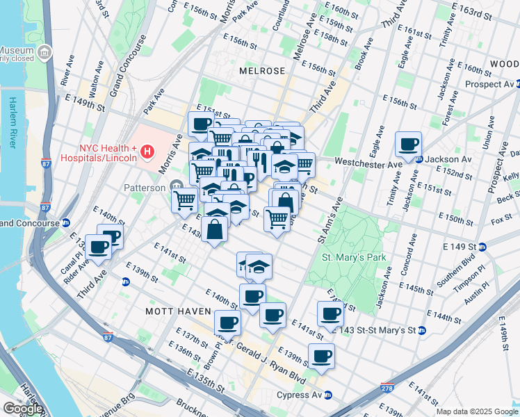 map of restaurants, bars, coffee shops, grocery stores, and more near 420 East 146th Street in Bronx