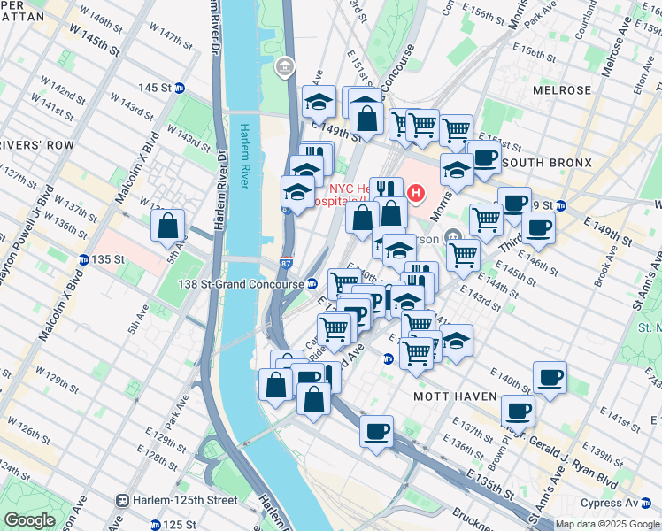 map of restaurants, bars, coffee shops, grocery stores, and more near 250 Grand Concourse in The Bronx