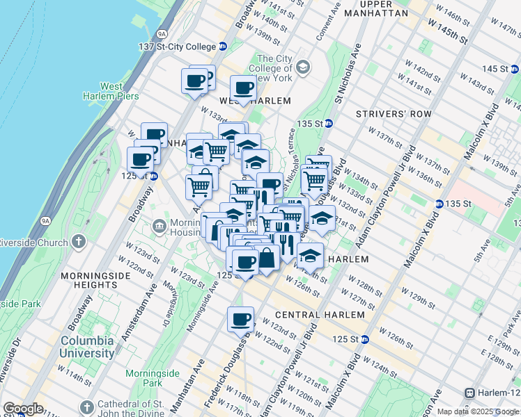 map of restaurants, bars, coffee shops, grocery stores, and more near 35 Saint Nicholas Terrace in New York