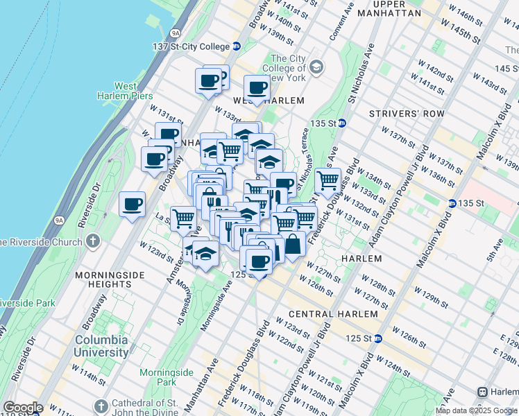 map of restaurants, bars, coffee shops, grocery stores, and more near 21 Convent Avenue in New York