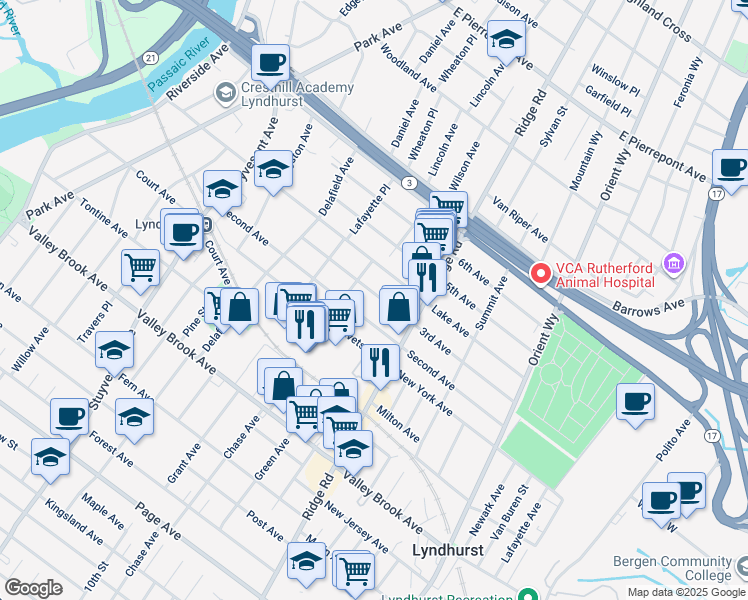 map of restaurants, bars, coffee shops, grocery stores, and more near 532 3rd Avenue in Lyndhurst
