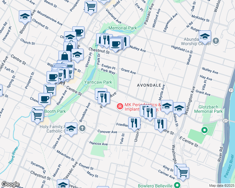 map of restaurants, bars, coffee shops, grocery stores, and more near 349 Park Avenue in Nutley
