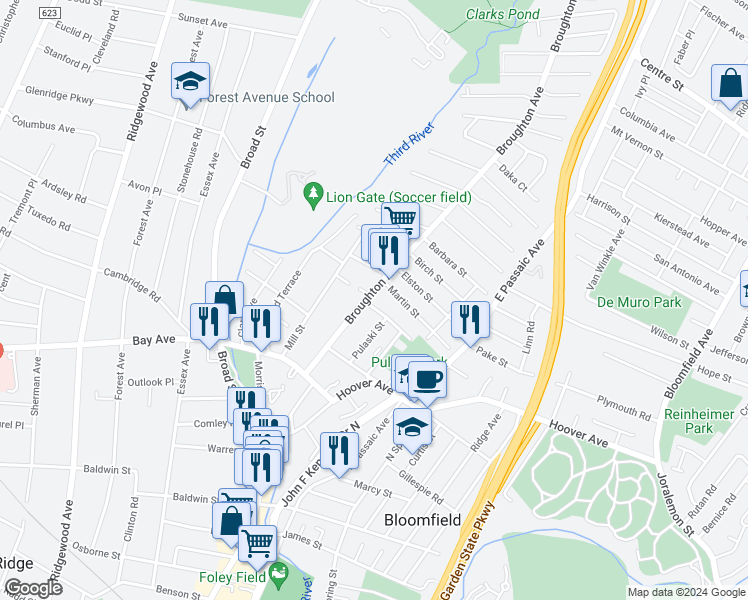 map of restaurants, bars, coffee shops, grocery stores, and more near 24 Howard Street in Bloomfield