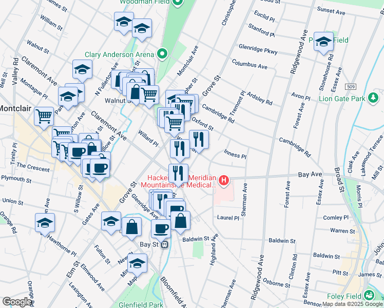 map of restaurants, bars, coffee shops, grocery stores, and more near 170 Pine Street in Montclair