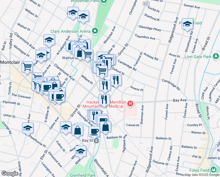 map of restaurants, bars, coffee shops, grocery stores, and more near 170 Pine Street in Montclair