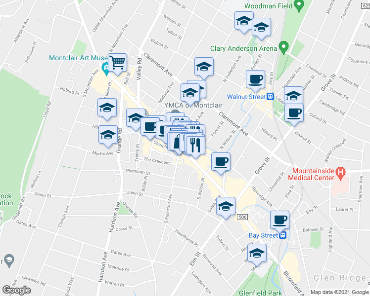 map of restaurants, bars, coffee shops, grocery stores, and more near 440 Bloomfield Avenue in Montclair