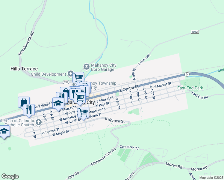 map of restaurants, bars, coffee shops, grocery stores, and more near 425 East Centre Street in Mahanoy City