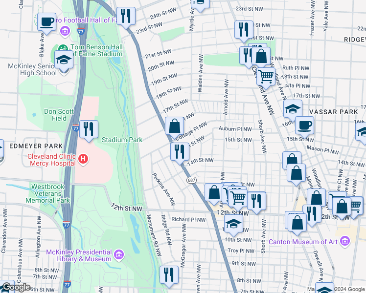 map of restaurants, bars, coffee shops, grocery stores, and more near 1335 14th Street Northwest in Canton
