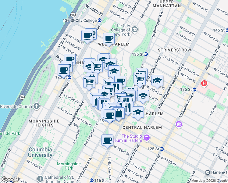 map of restaurants, bars, coffee shops, grocery stores, and more near 414 West 129th Street in New York
