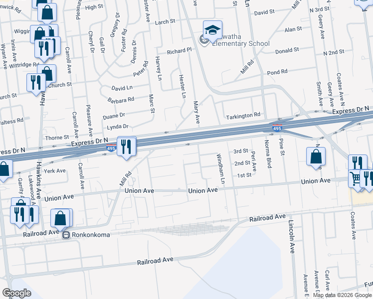 map of restaurants, bars, coffee shops, grocery stores, and more near 44 Avenue F in Ronkonkoma