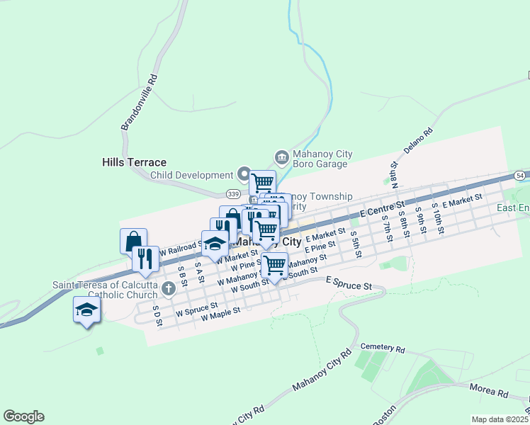 map of restaurants, bars, coffee shops, grocery stores, and more near 33 North Main Street in Mahanoy City
