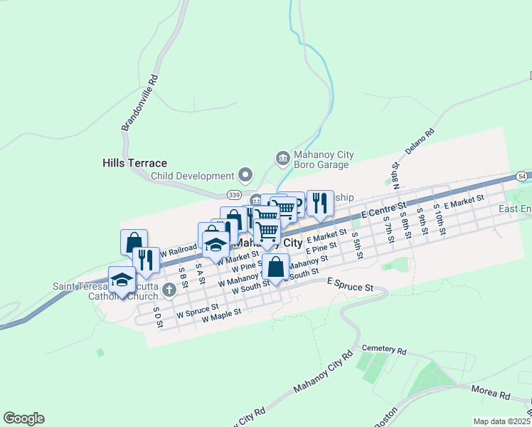 map of restaurants, bars, coffee shops, grocery stores, and more near 33 North Main Street in Mahanoy City