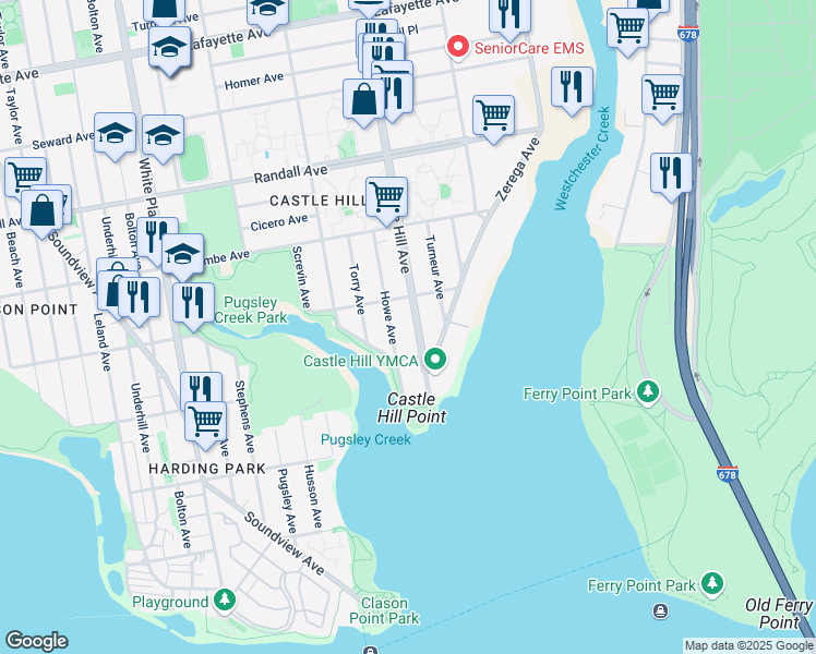 map of restaurants, bars, coffee shops, grocery stores, and more near 306 Castle Hill Avenue in Bronx