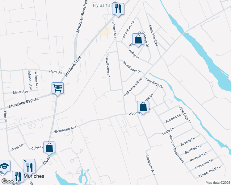 map of restaurants, bars, coffee shops, grocery stores, and more near 2 Hickory Lane in East Moriches