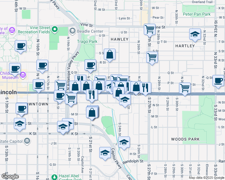 map of restaurants, bars, coffee shops, grocery stores, and more near 2365 East O Street in Lincoln