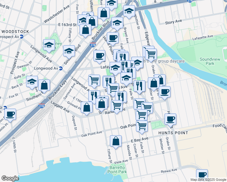 map of restaurants, bars, coffee shops, grocery stores, and more near 640 Barretto Street in The Bronx