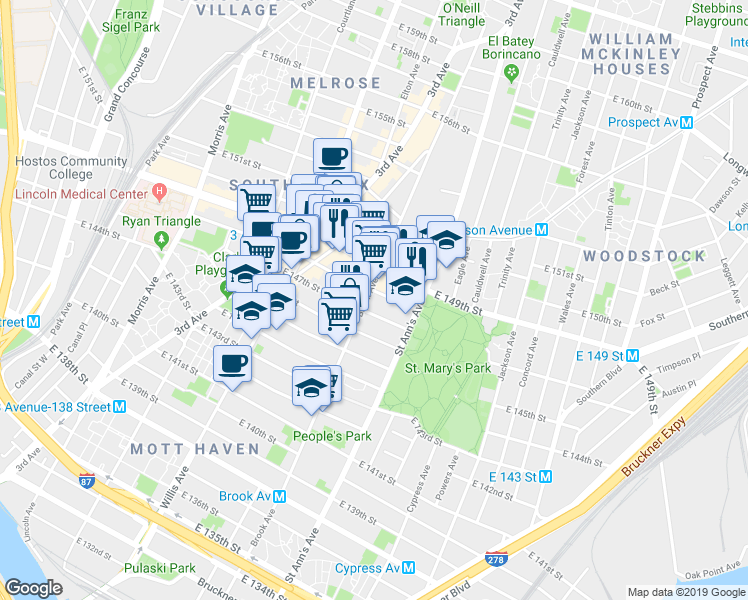 map of restaurants, bars, coffee shops, grocery stores, and more near 506 Brook Avenue in Bronx