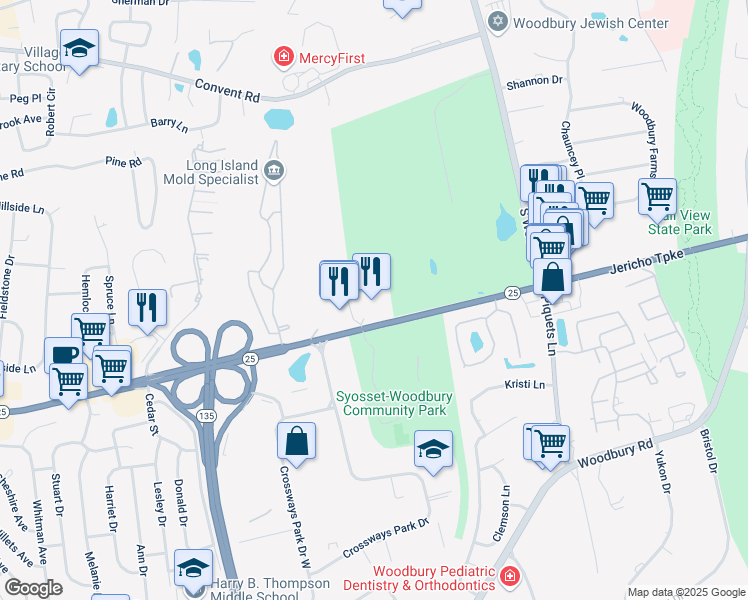 map of restaurants, bars, coffee shops, grocery stores, and more near 7755 Jericho Turnpike in Woodbury